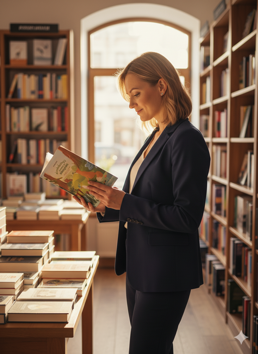 kobieta w księgarni przegląda książkę "Opowiadania na dziecięce zmagania"