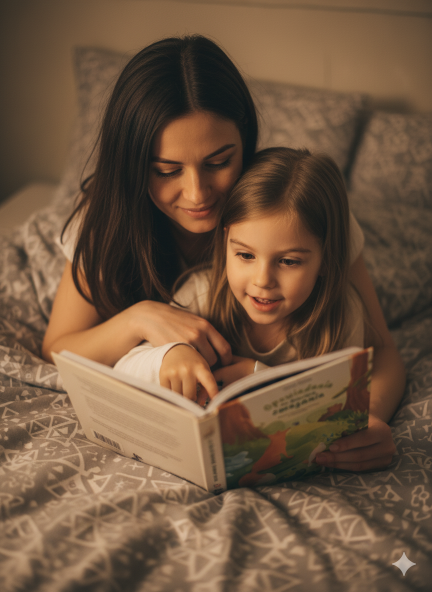Matka z córką czytają na dobranoc książkę "Opowiadania na dziecięce zmagania"