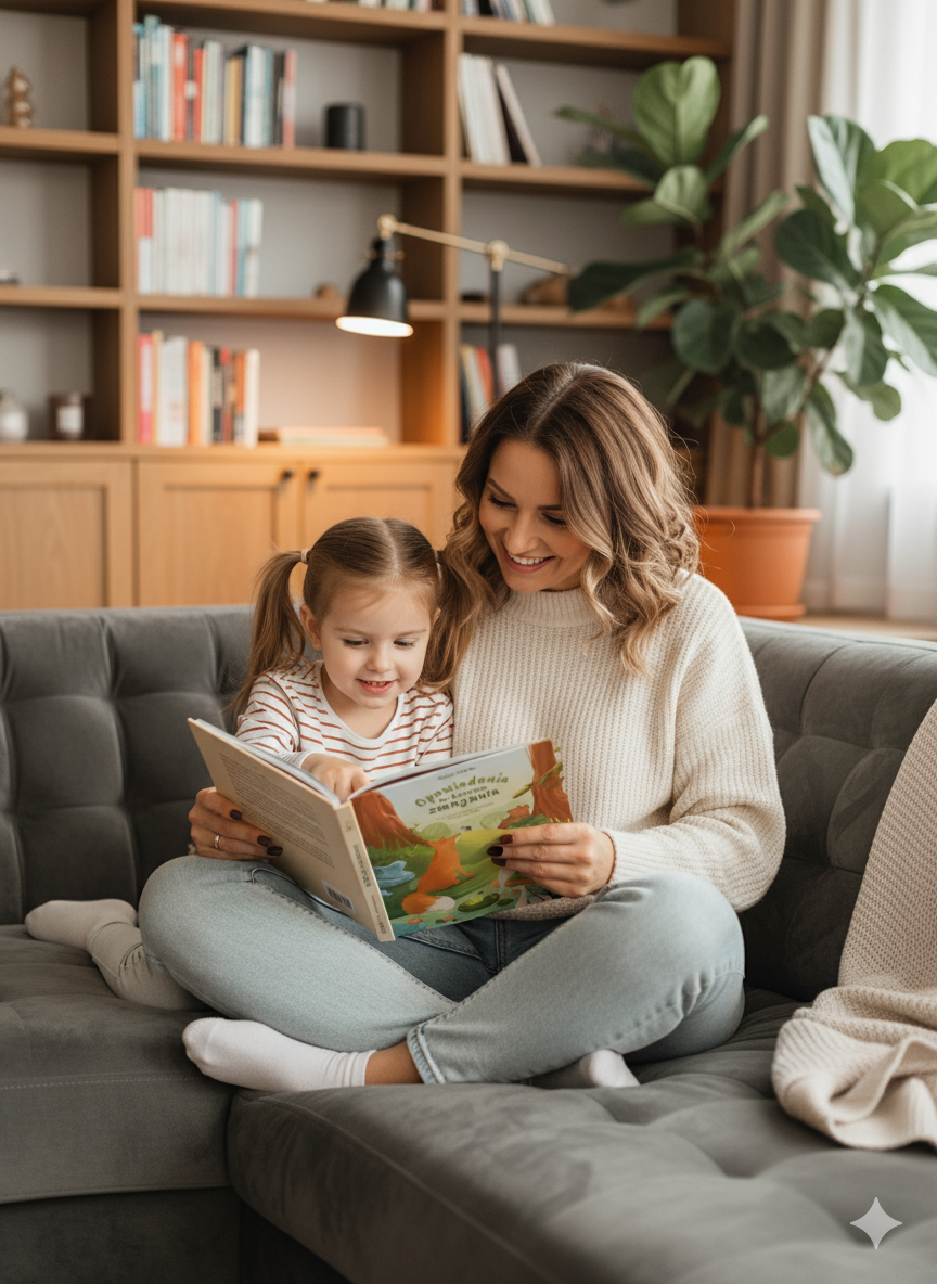 Matka czyta córce "Opowiadania na dziecięce zmagania"