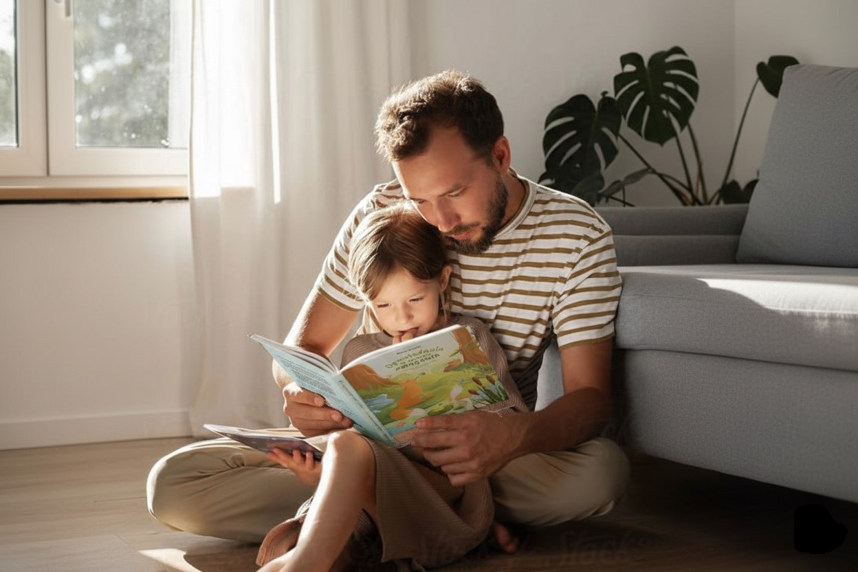 ojciec z córką czytają opowiadania na dziecięce zmagania